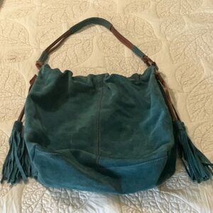 Lucky Brand Large Teal Blue Suede Brown Leather Drawstring Hobo Bag